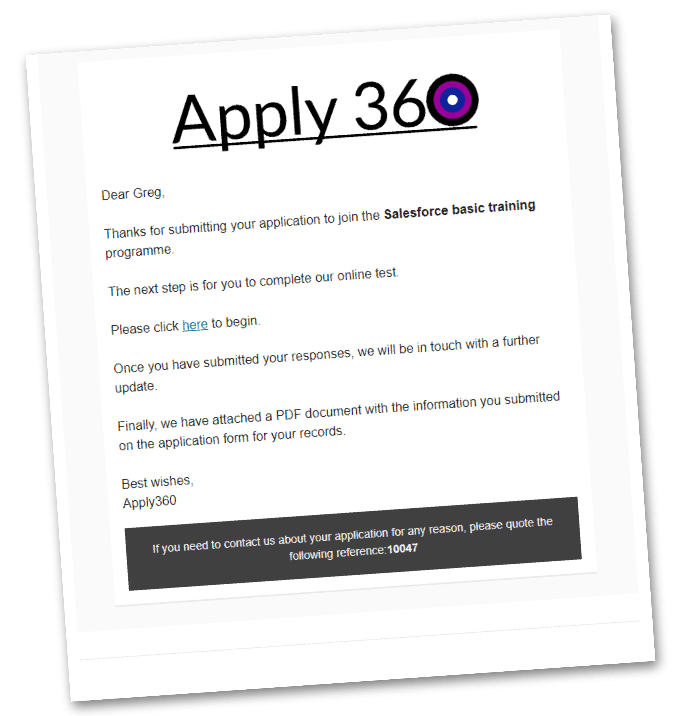 Apply360 Application Confirmation Email